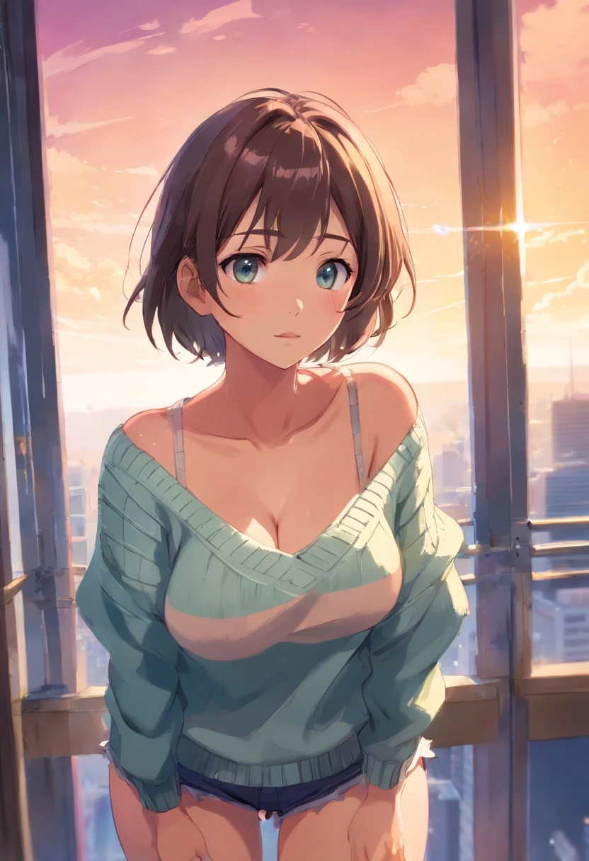 (), big boobs,(masterpiece), best quality, extremely detailed, (watercolor), bloom, delicate and beautiful, illustration, (from below),(1girl:1.4), (solo:1.2), large breasts, (ribbed sweater:1.3), off-shoulder sweater, (short shorts:1.2), bare shoulders, (underboob), ((dark skin:0.8)), beautiful eyes, (disheveled hair ), photography, over-the-shoulder shot, by Alex Maleev, professional, canon camera, nikon camera, sharp, bokeh, studio quality, fisheye lens, by Robert Capa ,