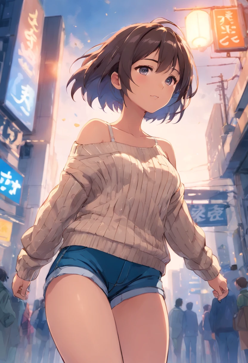 (), big boobs,(masterpiece), best quality, extremely detailed, (watercolor), bloom, delicate and beautiful, illustration, (from below),(1girl:1.4), (solo:1.2), large breasts, (ribbed sweater:1.3), off-shoulder sweater, (short shorts:1.2), bare shoulders, (underboob), ((dark skin:0.8)), beautiful eyes, (disheveled hair ), photography, over-the-shoulder shot, by Alex Maleev, professional, canon camera, nikon camera, sharp, bokeh, studio quality, fisheye lens, by Robert Capa ,