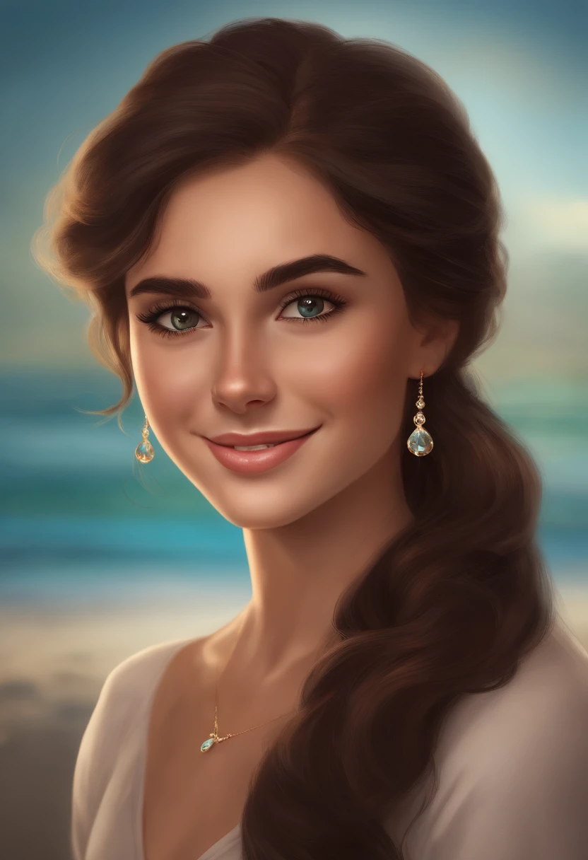 use the Disney Pixar style. r, thin, dark brunette, short long and curly brown hair, brown eyes, thin eyebrows, short nose and straight base, small lips, some white spots on her skin, wearing gold-colored cat-eye glasses, she will be smiling and wearing clear orthodontic braces.