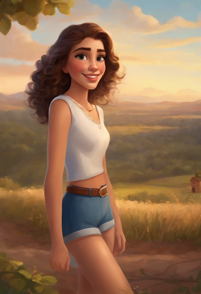use the Disney Pixar style. r, thin, dark brunette, short long and curly brown hair, brown eyes, thin eyebrows, short nose and straight base, small lips, some white spots on her skin, wearing gold-colored cat-eye glasses, she will be smiling and wearing clear orthodontic braces.
