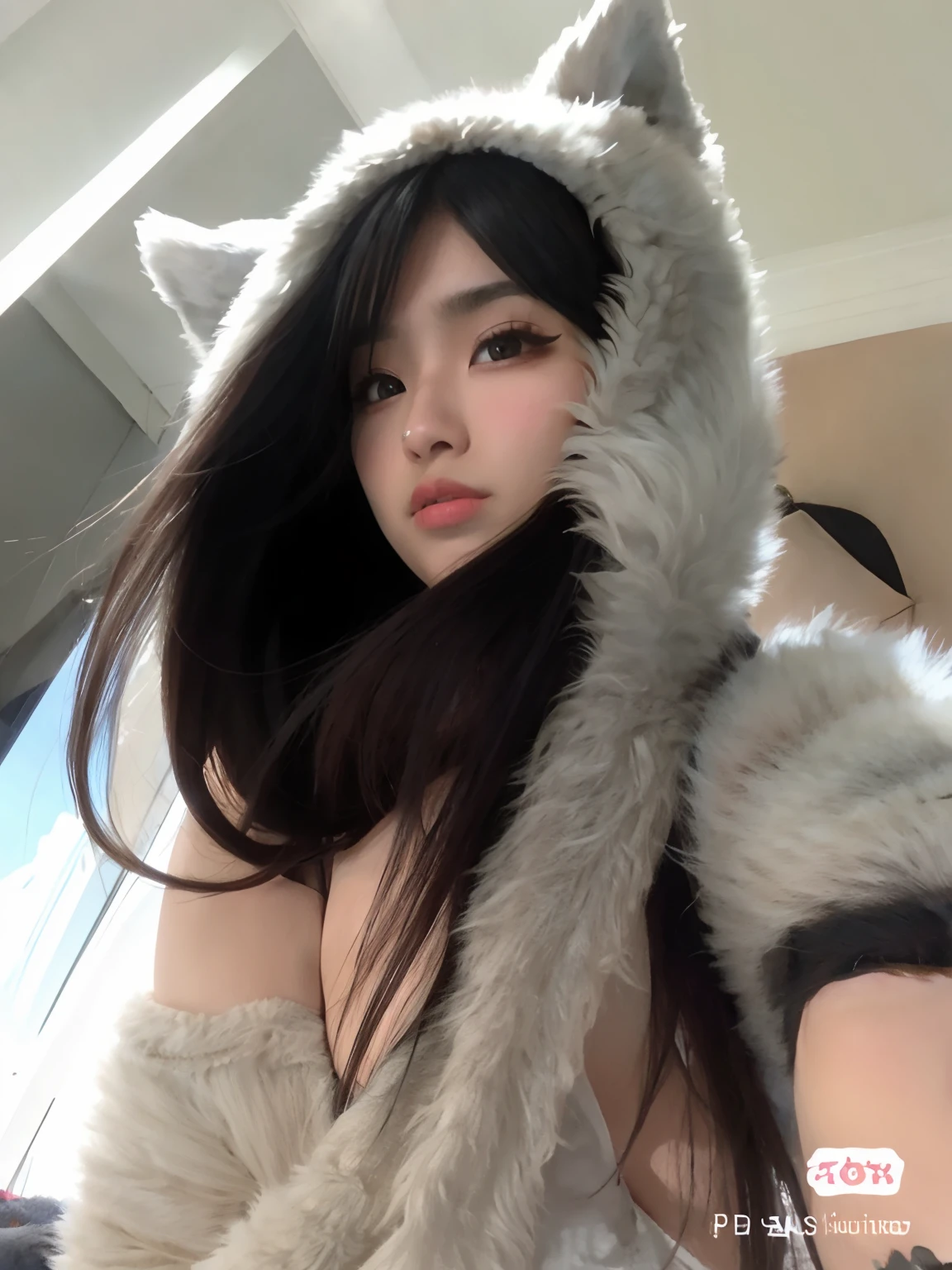 Hay una mujer con un disfraz de animal peludo posando para una foto, muy hermosa linda catgirl, Hermosa joven catgirl, Atractiva chica gato, ulzzang, Holo es una chica lobo, Chica coreana, cubierto de piel suave, piel cubriendo su pecho, Orejas de lobo, Sakimichan, Hembra peluda mini estilo lindo, pelaje esponjoso y esponjoso