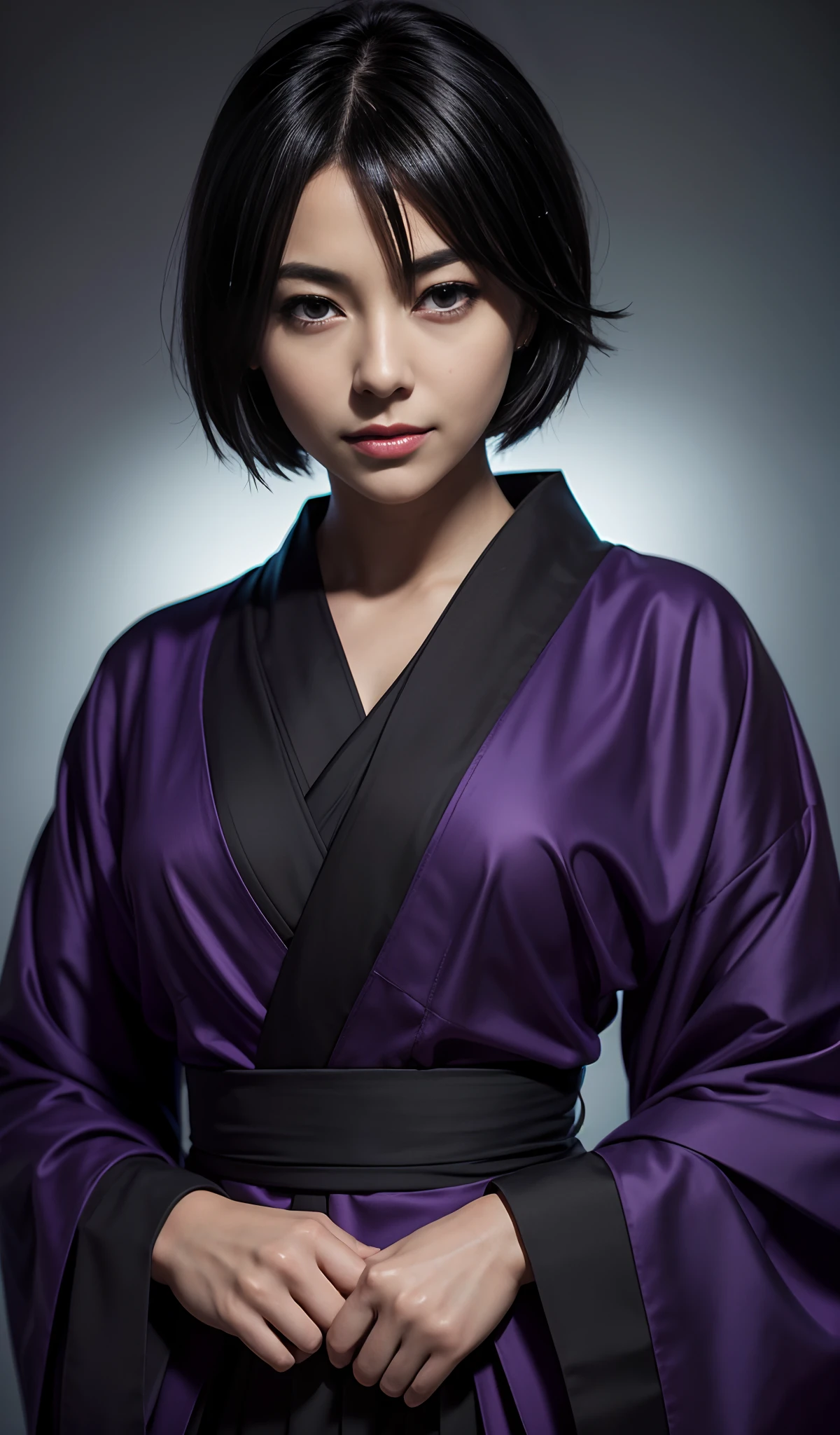 Rukia Kuchiki, 1 girl, short hair, black hair, purple eyes, smile, looking at viewer, black kimono, hair between eyes, wide sleeves, facing viewer, black Hakama, soft lighting, (best quality, 4k, 8k, high, master part: 1.2), ultra-detailed, (realistic, photorealistic, photorealistic: 1.37), portraits, vivid colors, dark, color contrast, studio lighting