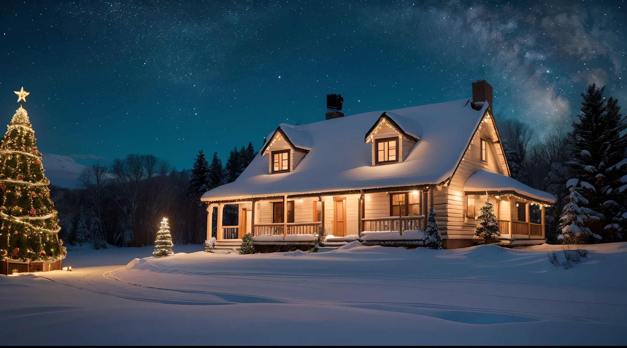 You are a professional concept artist,The painting depicts a Christmas night,In the distance is an elaborate Christmas cottage facing the camera,In the silence of the night,There was a warm orange light in the cabin,Warm, romantic and beautiful,With oriental aesthetics。in white and blue,realistic detail,Ultra-wide depth of field,k hd