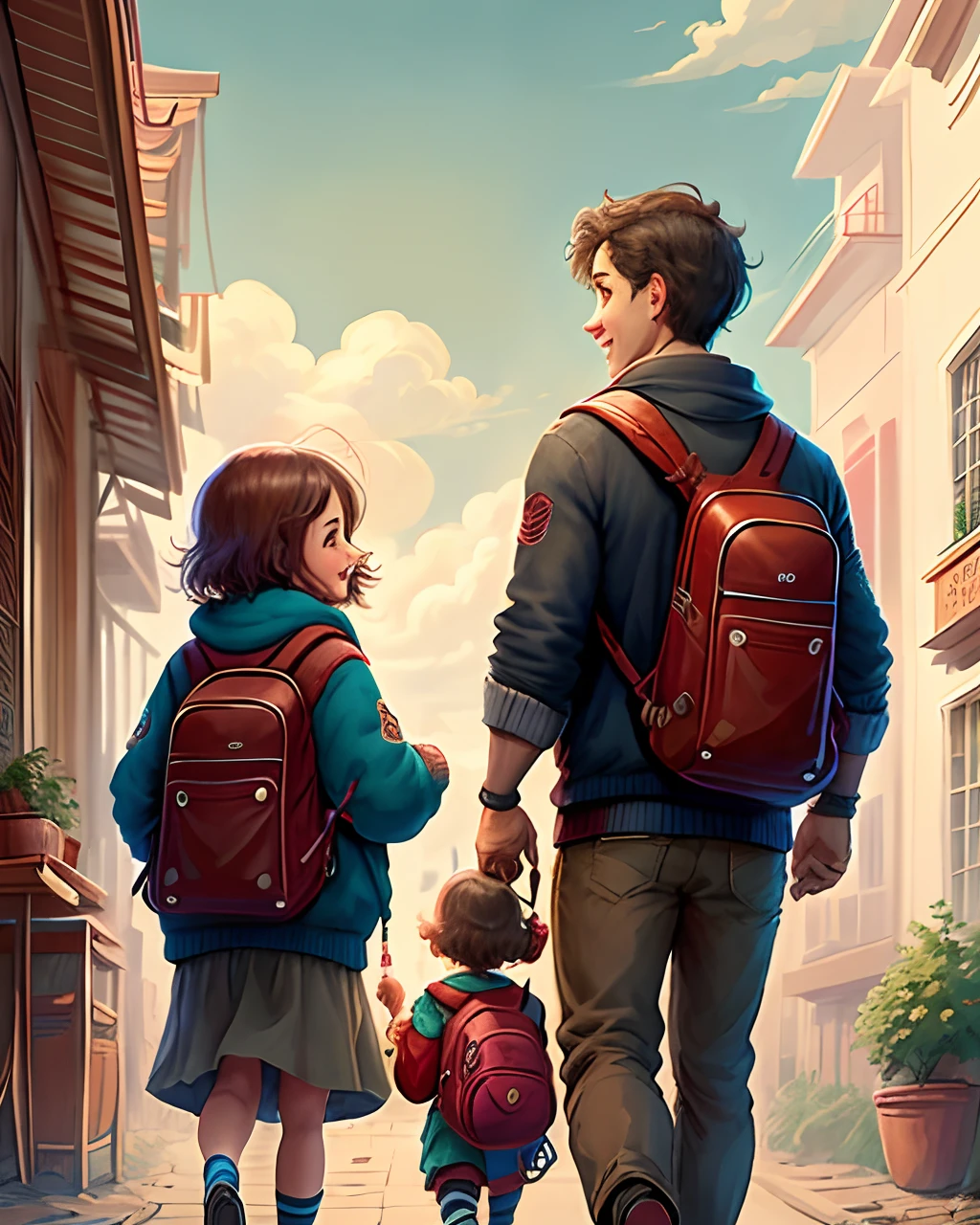 Create Disney Pixar image of a happy child going to study in the United States with a bag on his back and a book in his hand along with two other children.