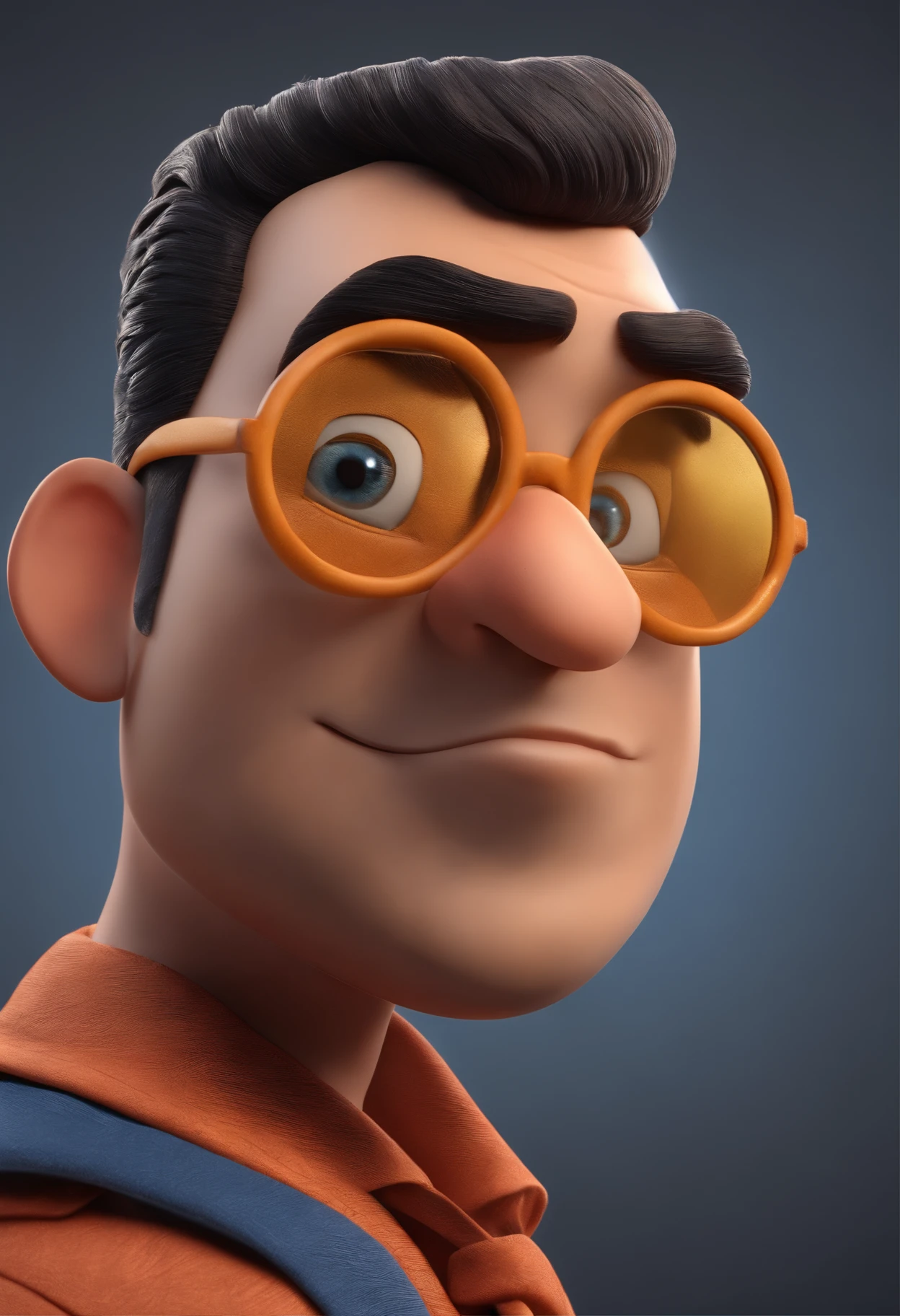 Cartoon character of a man wearing black glasses and a blue shirt, um personagem animado, Caractere estilizado, animation style rendering, 3D estilizado, Arnold Maya render, 3 d render stylized, toon render keyshot, Personagem 3D, Personagem 3D, 3d rendering stylized, 3 d character render, personagem de desenho animado, Personagem de close up, Pose de personagem, (Estilo Pixar) (master part:1.2) (Bokeh) (best quality) (pele detalhada) (textura detalhada) (8k) (argila) (Cinematic lighting) (foco nítido,Senta e vaza a parte superior do corpo