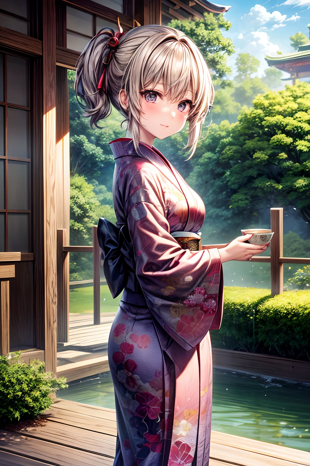 an anime-style scene, a girl dressed in a kimono stood in the tea garden near the temple, looking at the sky