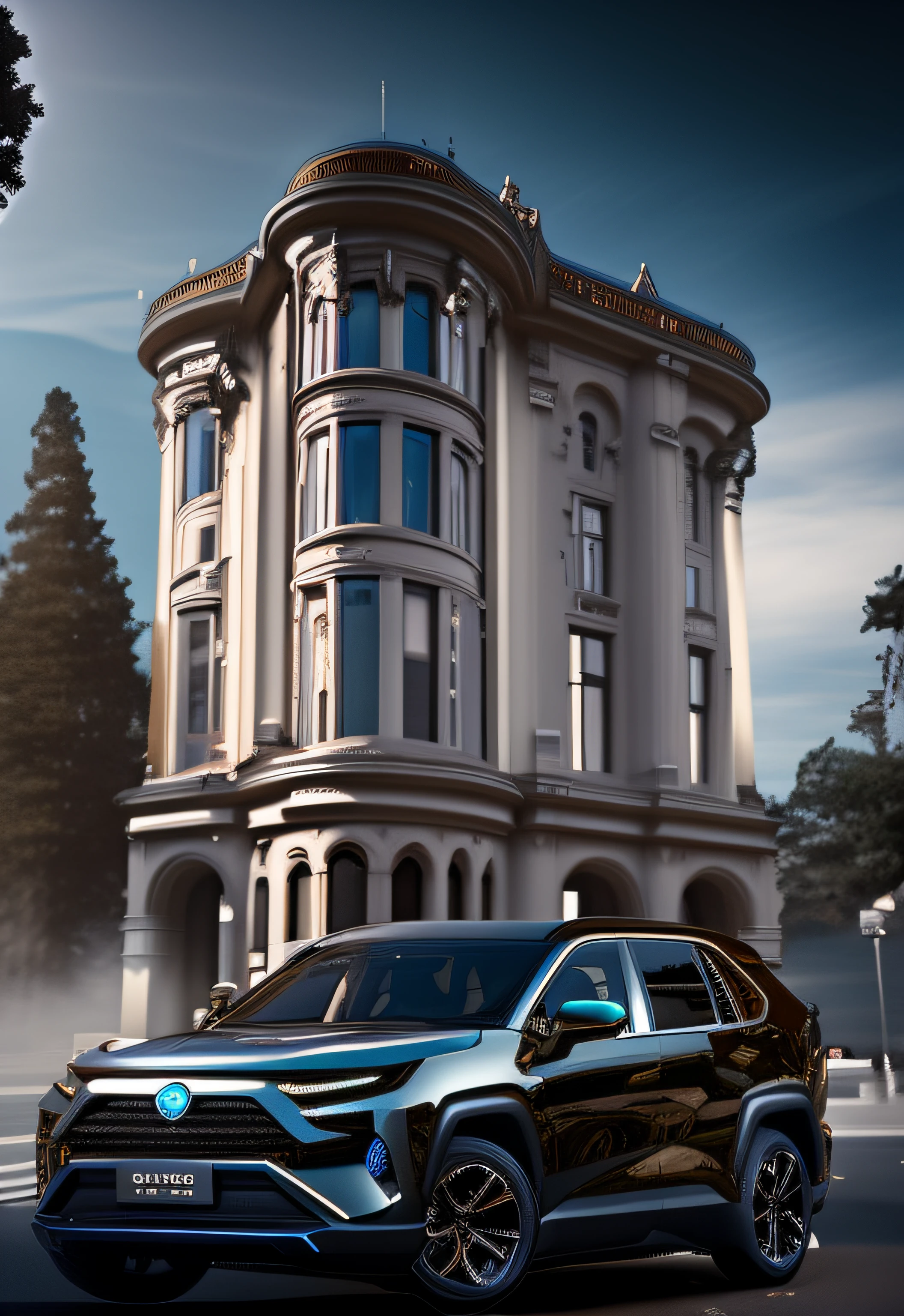 The Alafid SUV stopped in front of a large building with a bell tower, inspired by Sydney Prior Hall, hydrogen fuel cell vehicle, front symetrical, Front, the wallpaper!, vehicle concept photo!!, wide angle exterior 2022, blend, environmental shot, high-quality picture, exterior misterioso, accompanying hybrid, up front view, frontage, charging through city