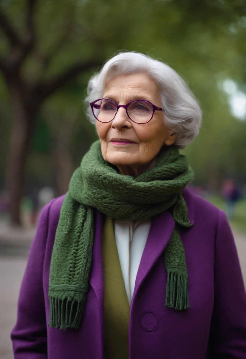 masterpiece, best quality, an old woman with glasses and a scarf on, wearing a purple coat and green scarf, standing at the park