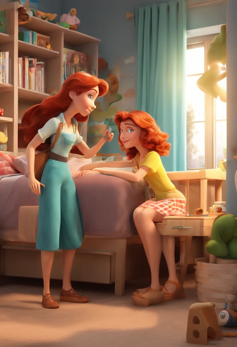 Create characters in the Disney Pixar style with the following characteristics: Two adult women, one woman has brown hair, is half redheaded and has small brown eyes, the other adult woman is blonde, straight, light and long hair and has green eyes. They are sitting on the bed in a children's room