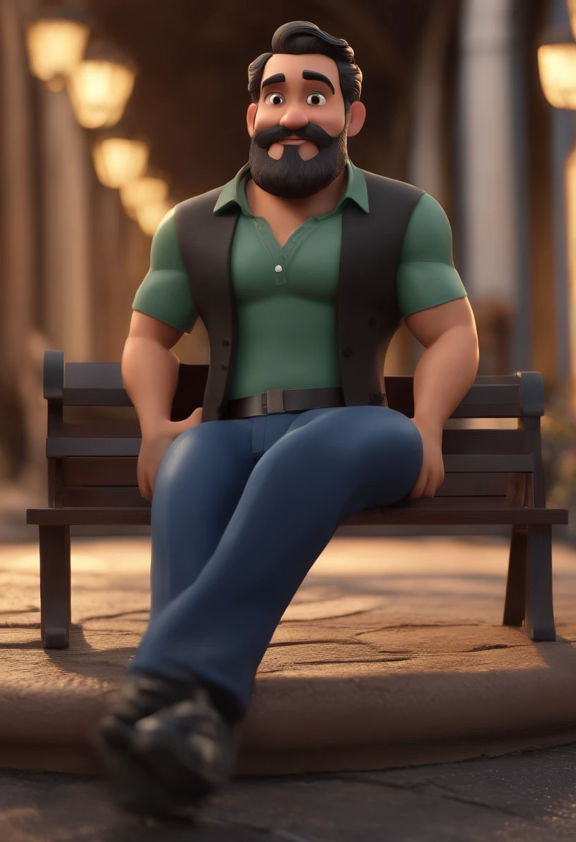 personagem dos desenhos animados de um homem com barba, A Black Shirt Animation Character, sentado na escadaria de selaron, Rio de Janeiro, Brasil. Caractere estilizado, animation style rendering, 3D estilizado, Arnold Maya render, 3 d render stylized, toon render keyshot, Personagem 3D, Personagem 3D, 3d rendering stylized, 3 d character render, personagem de desenho animado, Personagem de close up, Pose de personagem, (Estilo Pixar) (master part:1.2) (Bokeh) (best quality) (pele detalhada) (textura detalhada) (8k) (argila) (Cinematic lighting) (foco nítido