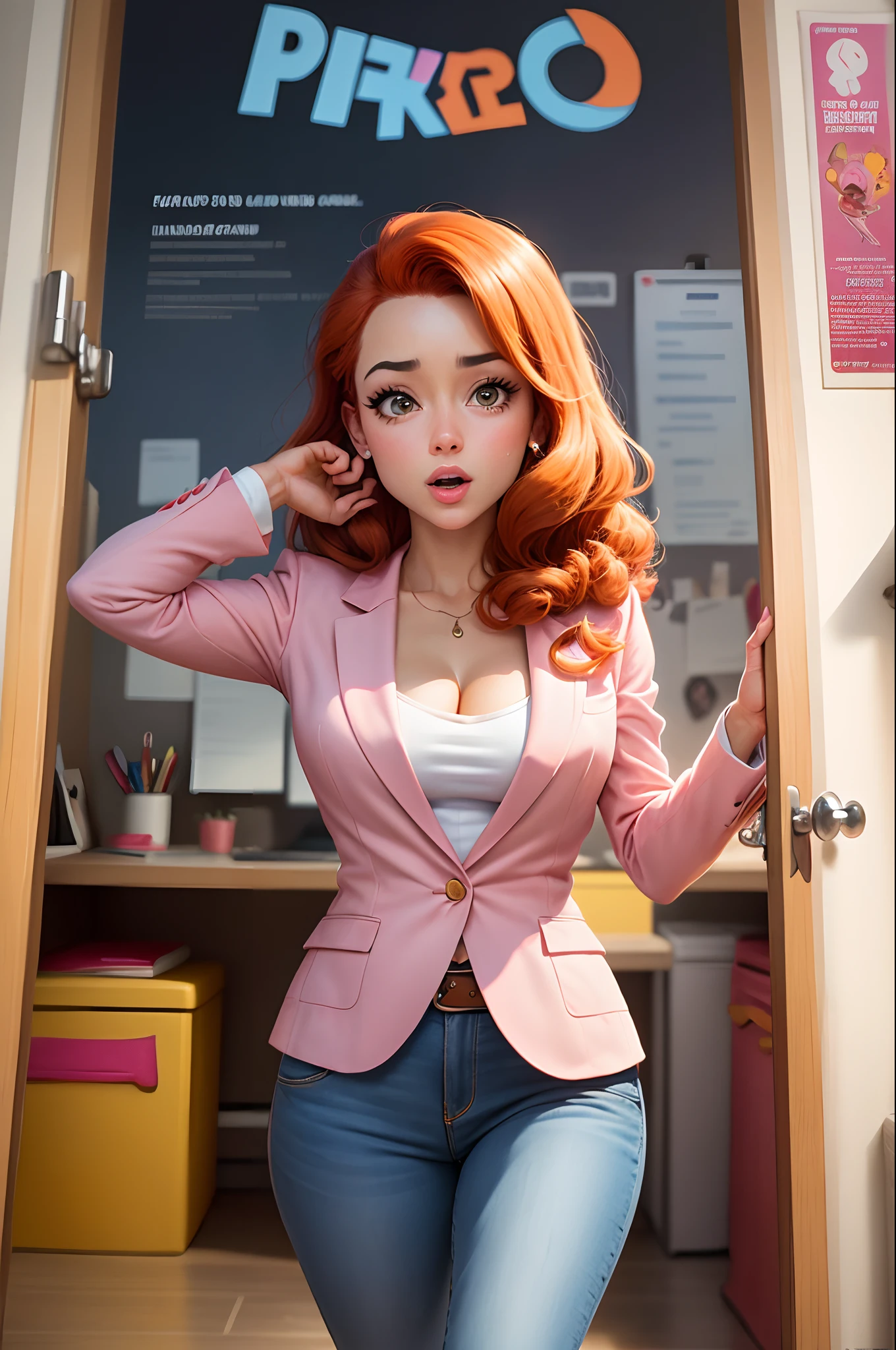Disney Pixar movie-style poster
Pixar 3d animation art
Name: Marileide Ribeiro
In your white office
Dressed in a pink blazer
Redhead