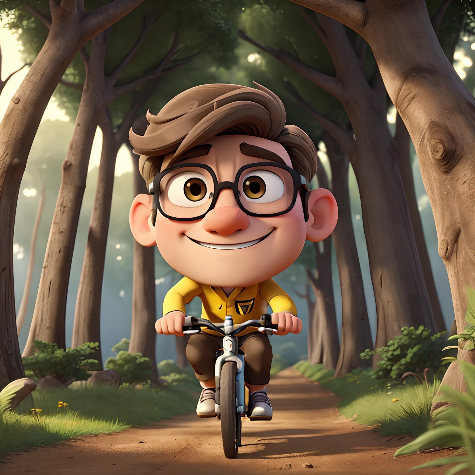 White man, short grey and brown hair, wearing glasses, lightly fat, handsome, smiling, speeding on his busted yellow and black Mountain Bike in a track in the woods, disney pixar cartoon