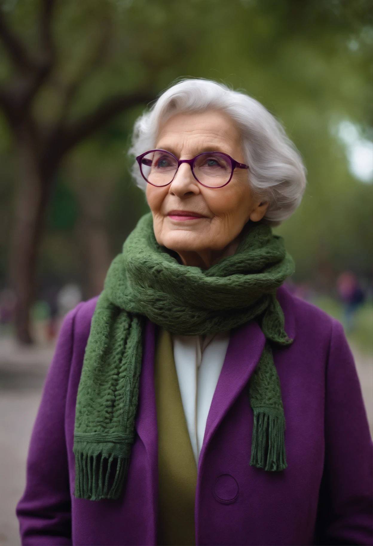 masterpiece, best quality, an old woman with glasses and a scarf on, wearing a purple coat and green scarf, standing at the park