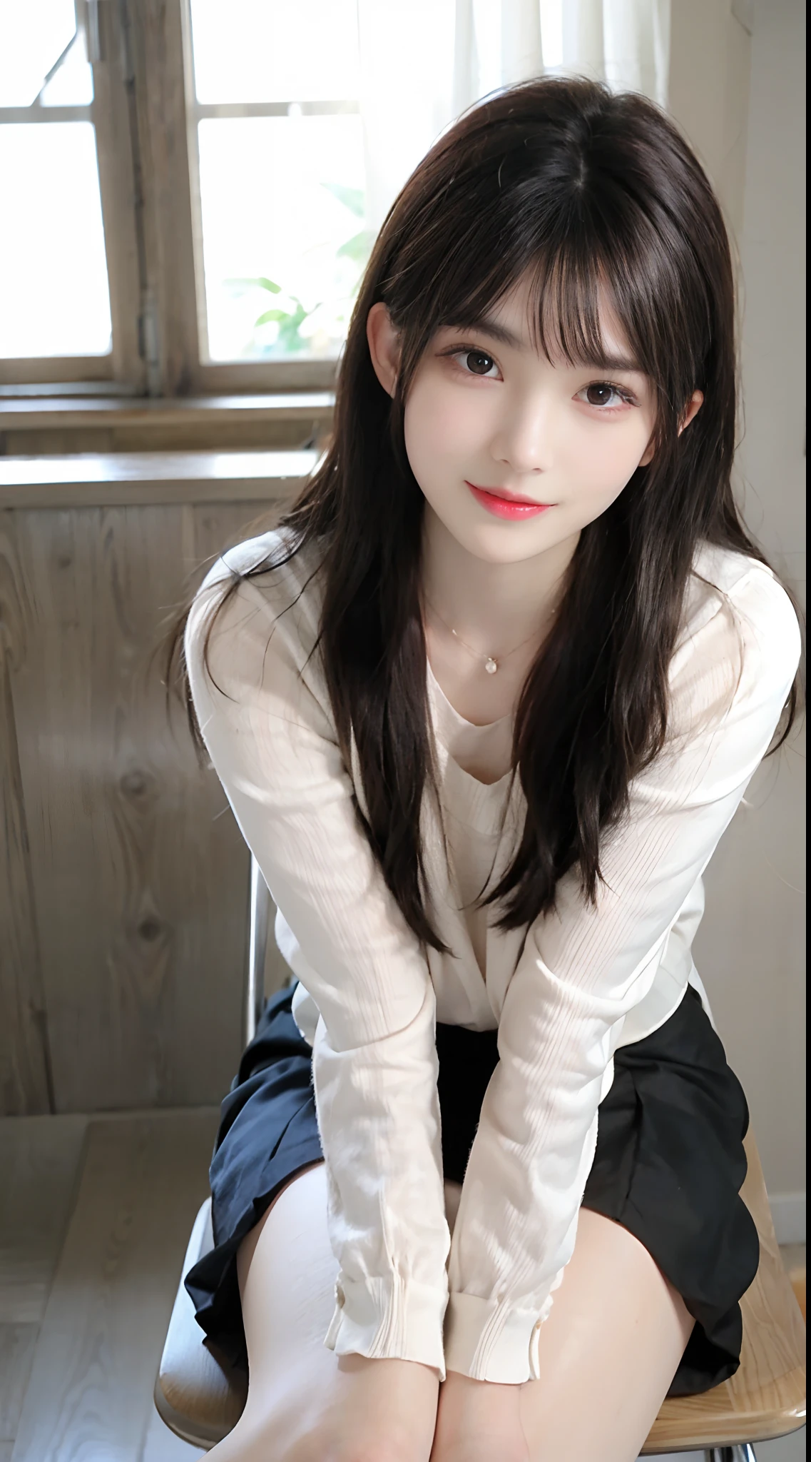 25 year old woman, Wear women's clothing, Office desk, is very beautiful, HD facial skin texture, realistic skin textures, Model body type, sit on chair,  Glossy suit, Medium and tall size,,,,,,,,,,,,,,,,,largeeyes, The tip of the lower jaw is hard, the buttocks are very small, Sareme、Cool eyes, Enlarge the chin, Sit on the, Small lower body, Cool beauty, Beautiful shape, Live action, Wearing sweat, Long, straight hairstyle, The bust is slightly larger, A miniskirt, Pantyhose, Tied behind the back