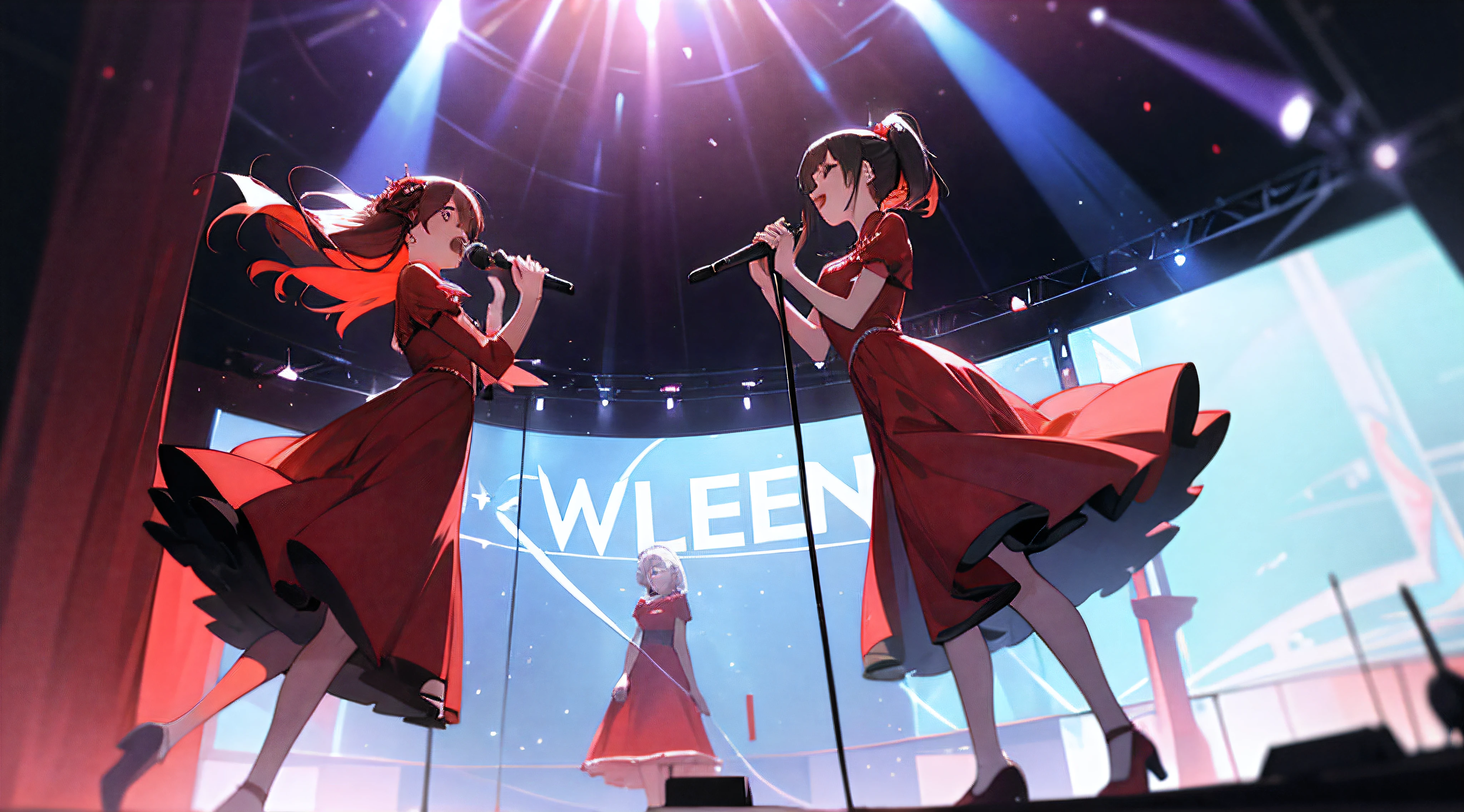 two beautiful women in red dresses pose for a photo while they are singing in the stage, delicate facial features, highest image quality, with the words 'TWINS22' in the stage screen,medium shot