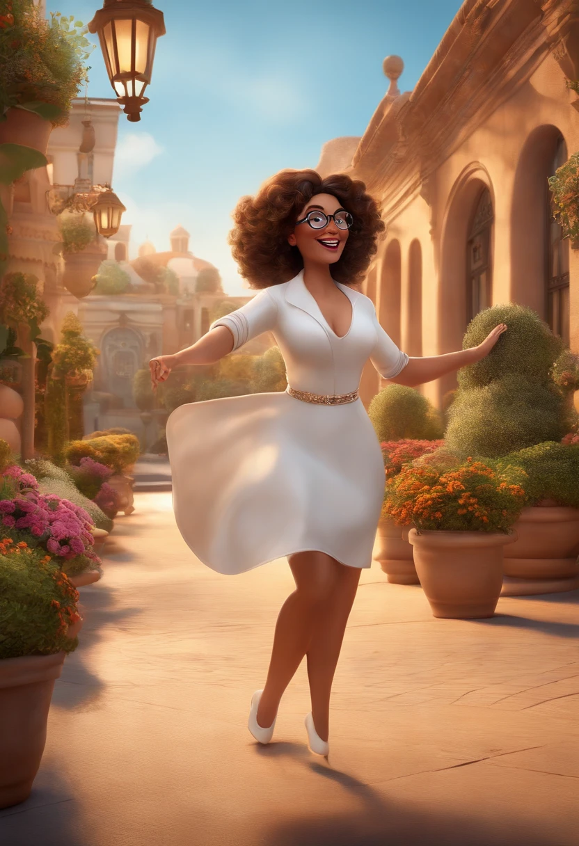 "(best quality,ultra-detalhado,Realistic:1.37),3D rendering,illustration,design de personagens,cabelos curtos e cacheados escuros,belos olhos detalhados,wearing white glasses,Estilo Pixar,morena mulher,Dancing on the Disney stage,atmosfera animada,vivid colors,luzes de palco,expression joyful"
