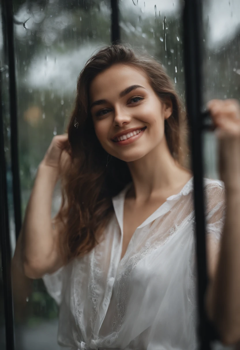 A beautiful girl wearing white transparent shirt on rainy day, happy smile, spring, not professional selfie