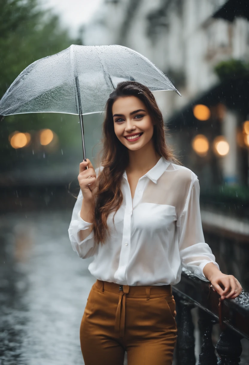 A beautiful girl wearing white transparent shirt on rainy day, happy smile, spring, not professional selfie