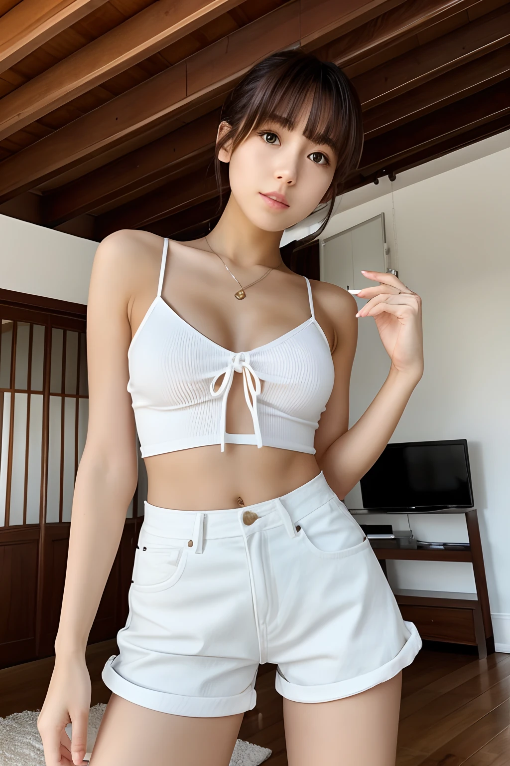 French girl、tiny chest、White tube top、shortpants、in a house