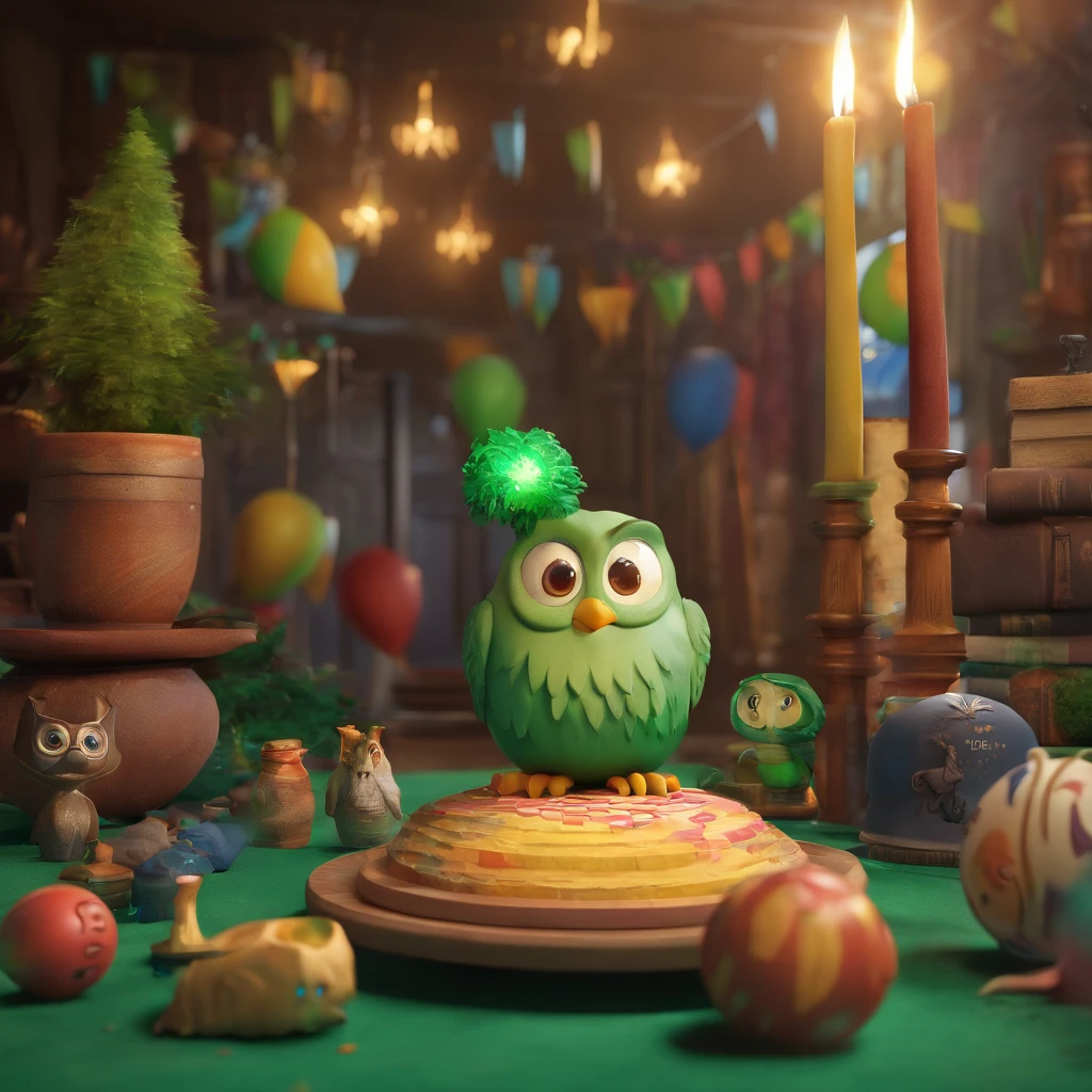 Create a Harry Potter-themed Disney Pixar-inspired poster set, com bolas pretas na frente, velas no topo, Green floor and the cake behind