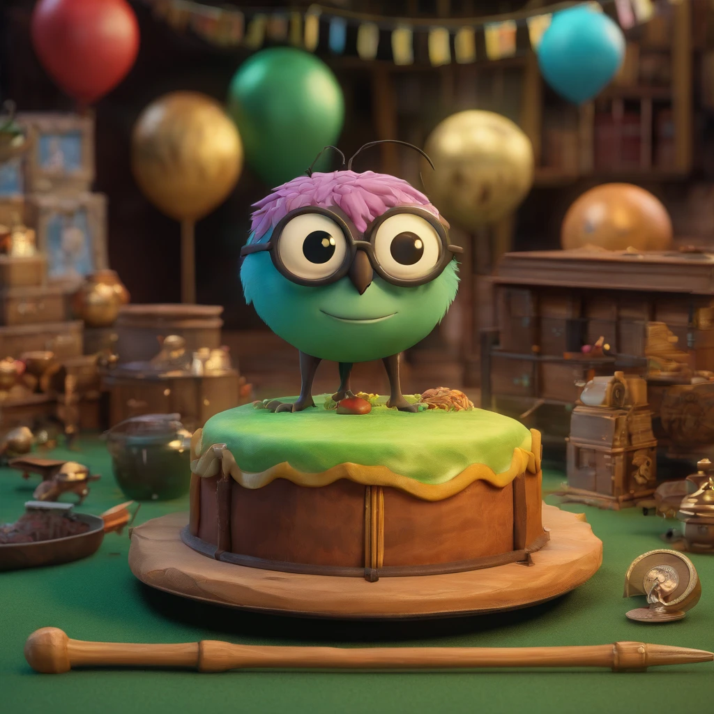 Create a Harry Potter-themed Disney Pixar-inspired poster set, com bolas pretas na frente, velas no topo, Green floor and the cake behind