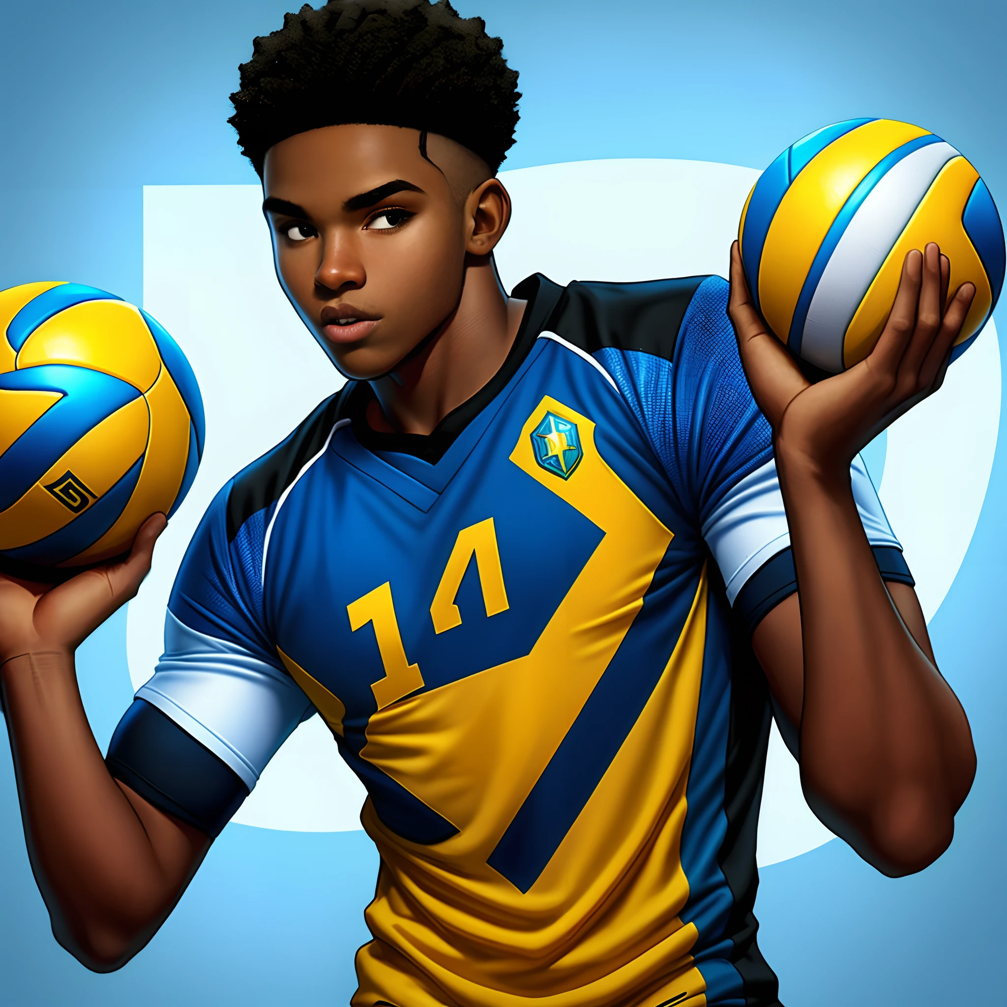 Black 18 year old boy
 volleyball player with if symbol on left chest with white and blue Brazil shirt with number 13 on the back and on the front with the name Henrique in pixar animation