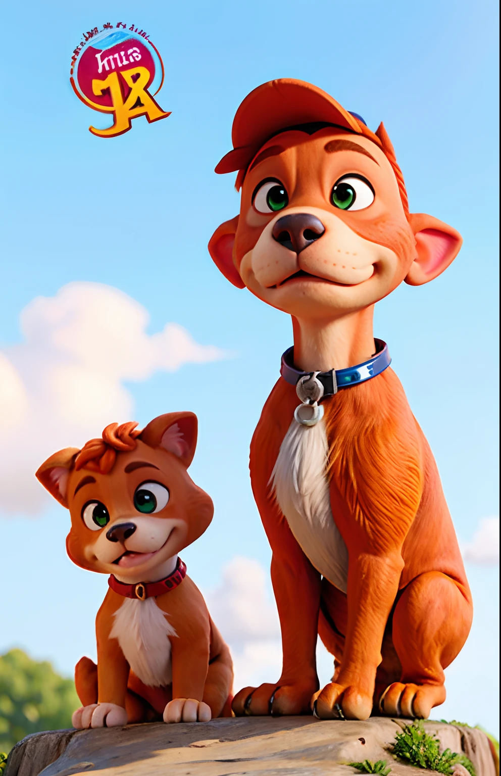 Affiche de film style Pixar avec comme titre "Raja" un pitbull couleur fauve qui a l'air gentil
