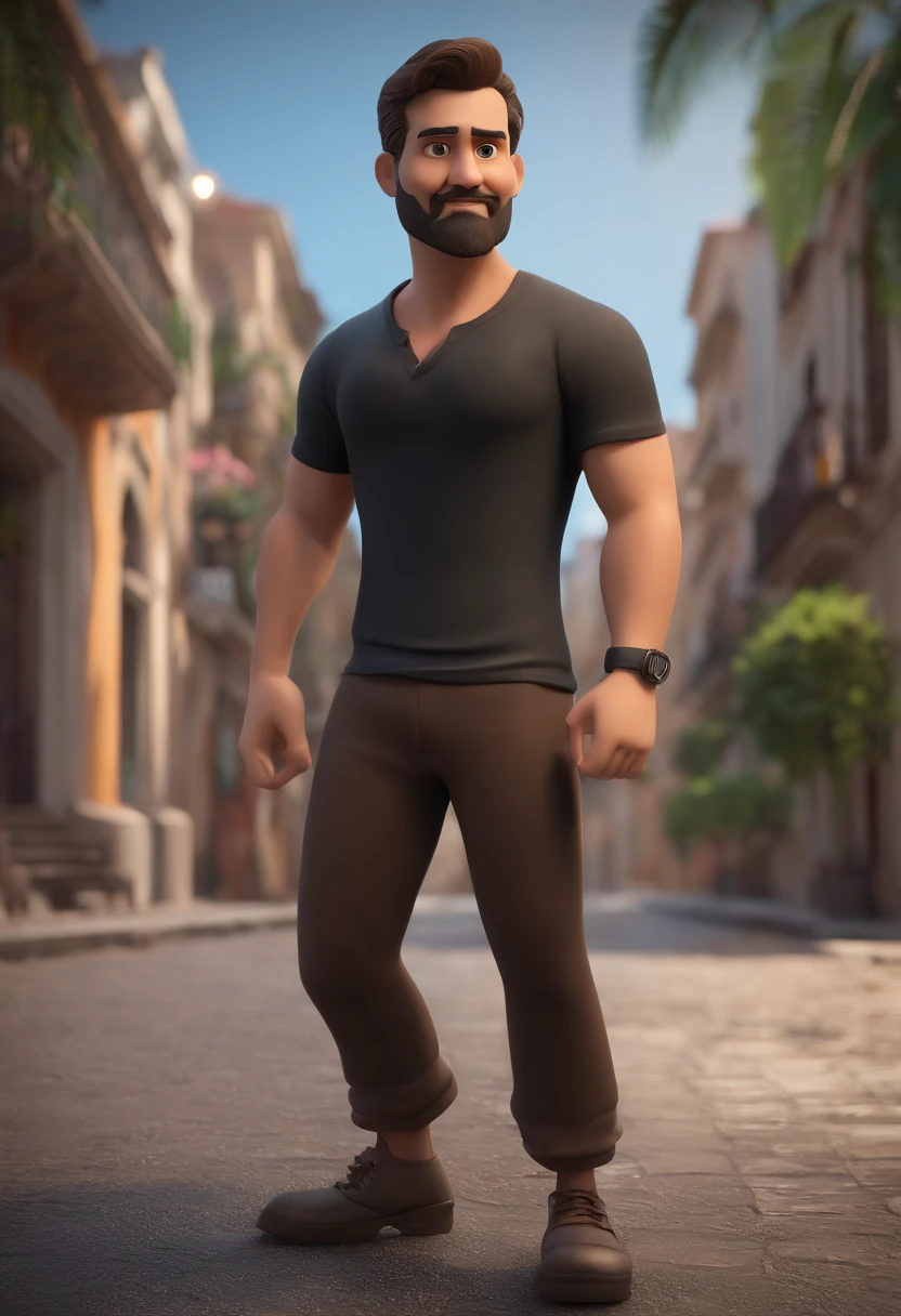 personagem dos desenhos animados de um homem com barba, A Black Shirt Animation Character, sentado na escadaria de selaron, Rio de Janeiro, Brasil. Caractere estilizado, animation style rendering, 3D estilizado, Arnold Maya render, 3 d render stylized, toon render keyshot, Personagem 3D, Personagem 3D, 3d rendering stylized, 3 d character render, personagem de desenho animado, Personagem de close up, Pose de personagem, (Estilo Pixar) (master part:1.2) (Bokeh) (best quality) (pele detalhada) (textura detalhada) (8k) (argila) (Cinematic lighting) (foco nítido