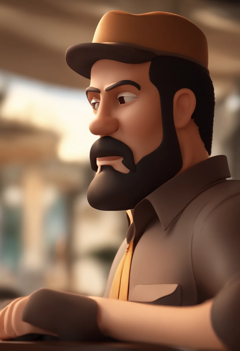 personagem dos desenhos animados de um homem com barba, A Black Shirt Animation Character, sentado na escadaria de selaron, Rio de Janeiro, Brasil. Caractere estilizado, animation style rendering, 3D estilizado, Arnold Maya render, 3 d render stylized, toon render keyshot, Personagem 3D, Personagem 3D, 3d rendering stylized, 3 d character render, personagem de desenho animado, Personagem de close up, Pose de personagem, (Estilo Pixar) (master part:1.2) (Bokeh) (best quality) (pele detalhada) (textura detalhada) (8k) (argila) (Cinematic lighting) (foco nítido