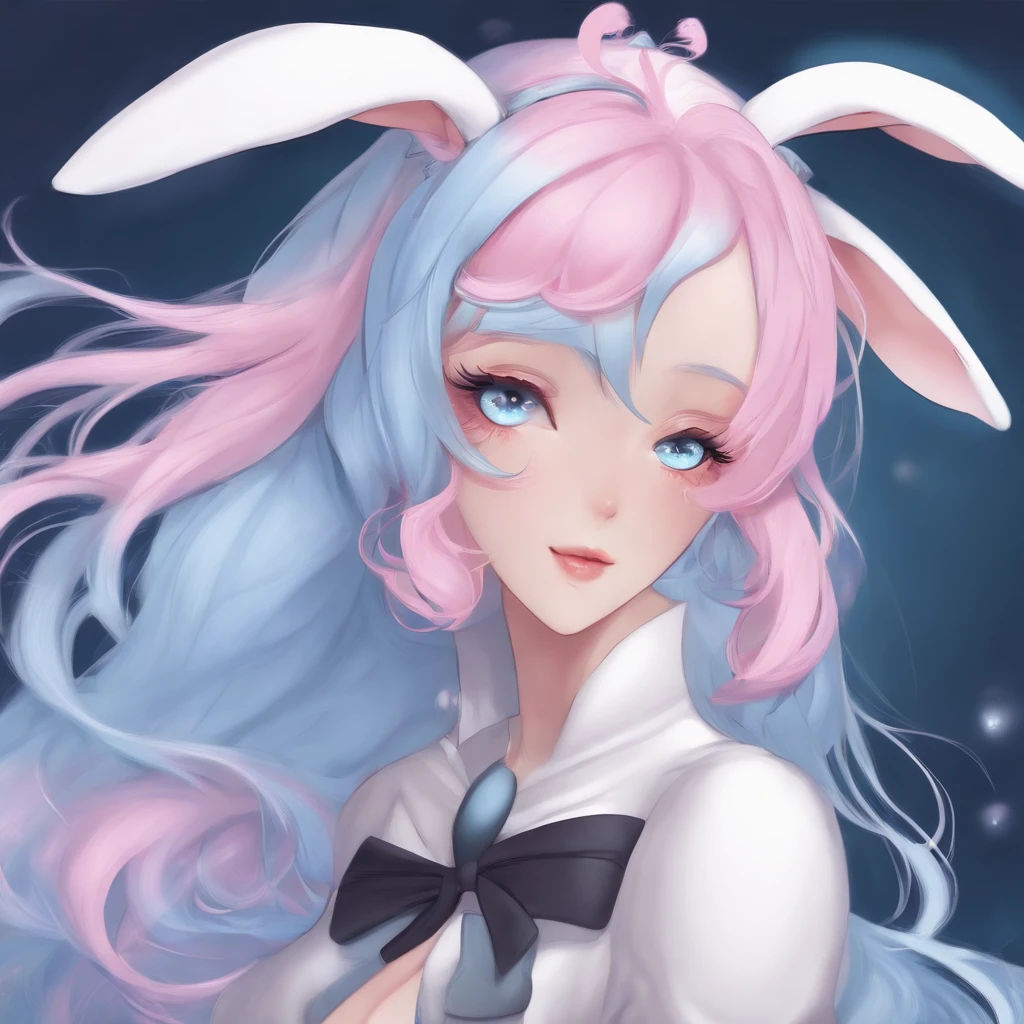 a futanari bunny girl with a hard penis, Long pastel blue/ pink hair, eastern face, blue eyes