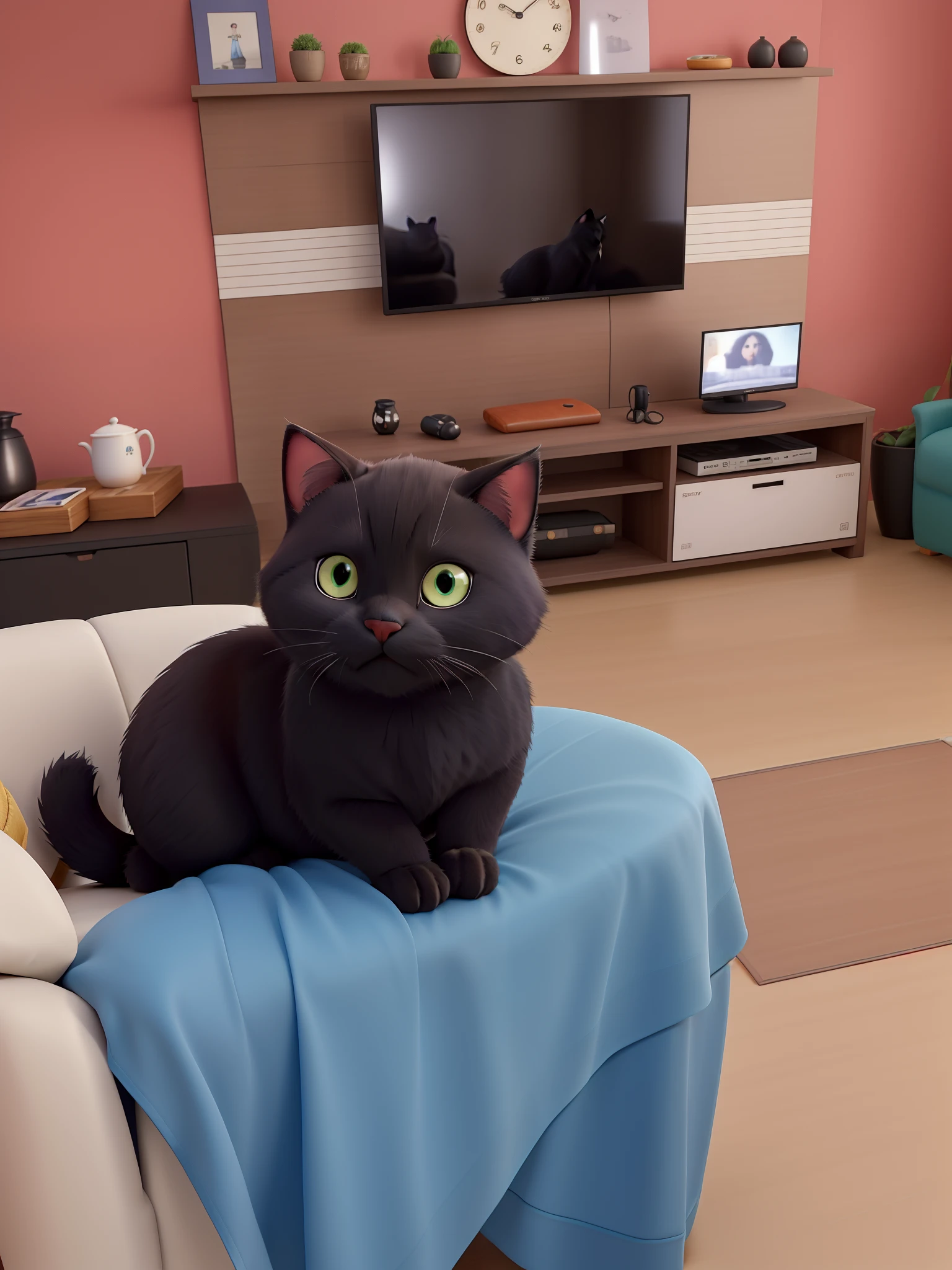 There's a black cat sitting on a person's lap in a living room, gATO Persa, gato preto, sitting on couch, olhos amarelos, taken with sony a7r camera, the cat is fluffy, com gato pequeno no colo, sombrio e realista, she is looking at us, Tomado com Sony Alpha 9, an afghan male type, captured with sony a3 camera