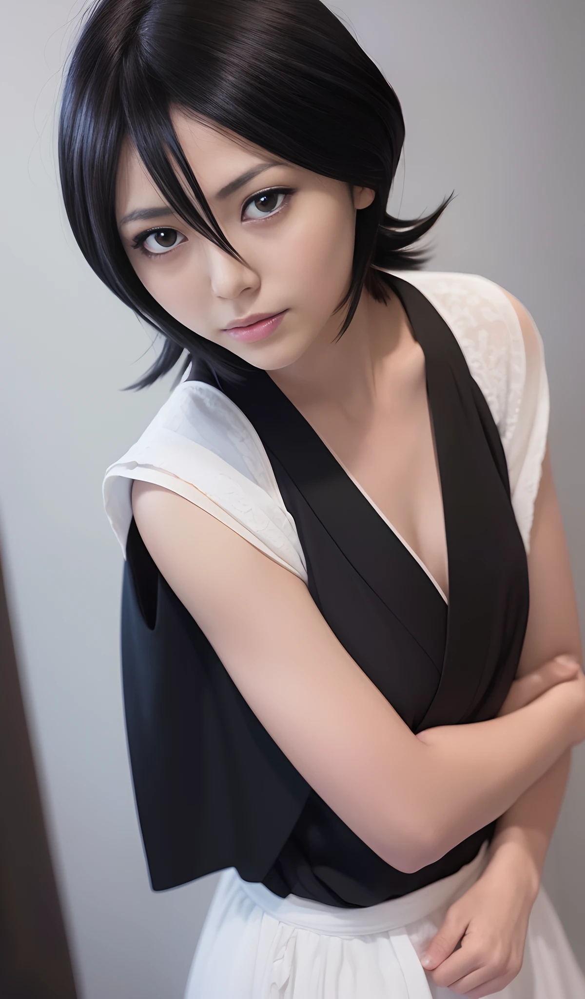 Rukia Kuchiki, 1 girl, short hair, black hair, purple eyes, smile, looking at viewer, black kimono, hair between eyes, wide sleeves, facing viewer, black Hakama, soft lighting, (best quality, 4k, 8k, high, master part: 1.2), ultra-detailed, (realistic, photorealistic, photorealistic: 1.37), portraits, vivid colors, dark, color contrast, studio lighting