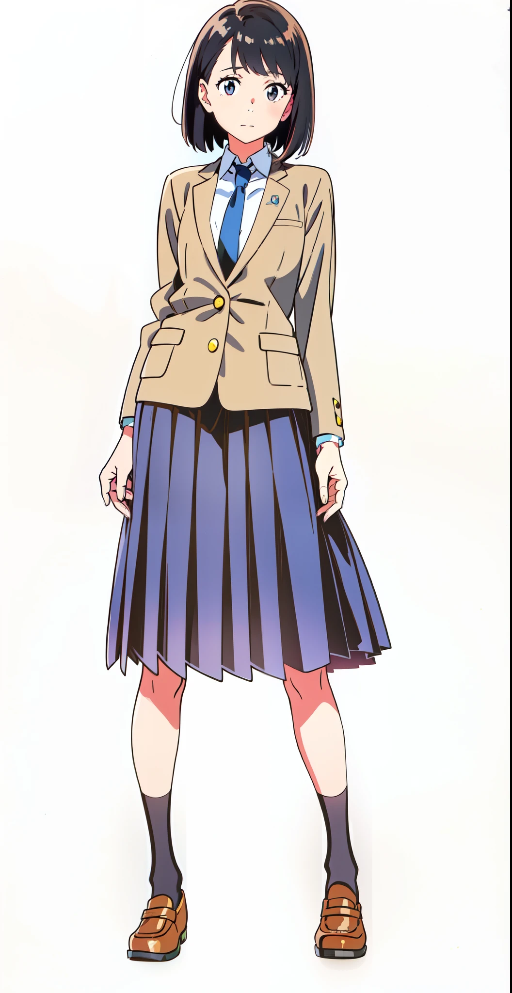 (tareme:1.0), (ideal ratio body proportions:1.0), (standing:1.0), (looking at viewer:1.0), (white background:1.0), (best quality:1.5), (masterpiece:1.0), (full body:1.0), (solo:1.0), (a 18yo cute girl:1.0), (long skirt:1.0), (dark blue skirt:1.0), (pleated skirt:1.0), (school uniform beige blazer:1.0), (dark blue necktie:1.0), (black socks:1.0), (loafers:1.0), (lanky:1.0), (tall:1.0), (slender:1.0), (small breasts:1.0), (detailed beautiful eyes:1.0), (detailed beautiful face:1.0), (glowing black eyes:1.0), (bob cut hair:1.0), (black hair:1.0)
