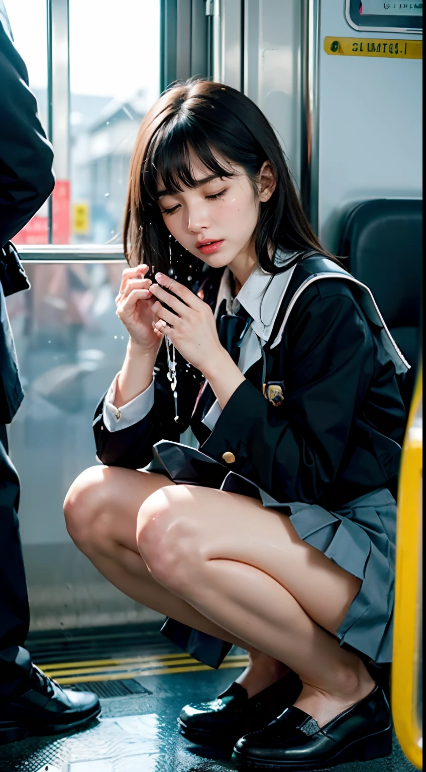 (NSFW:1.8), (((pee:1.8))), (((Squat:1.8, Leaking urine:1.8, Squirting:1.8, Trembling girl :1.8, Eyes closed:1.8))), (((Dressing:1.8))), (((shool uniform:1.8, Pleated mini-skirt:1.8))), (Crowd background:1.8, On the train:1.8), 1girl in, 18year old, 7headed body, Ideal ratio body proportions, erectile nipple, Medium Hair, A dark-haired, With bangs, small tits, A slender, Small buttocks, beauty legs, Skinny Legs, surrealism, Cinematic lighting, depth of fields, One-person viewpoint, F/1.8, 135 mm, nffsw, masutepiece, ccurate, ((Anatomically correct:1.3)), Textured skin, Super Detail, high details, High quality, awardwinning, Best Quality, hight resolution, 8K