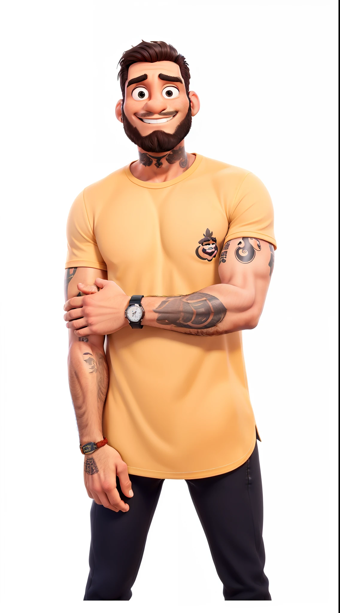Um homem cabelo preto, com barba, watch, tatuagem estilo disney pixar, alta qualidade, melhor qualidade