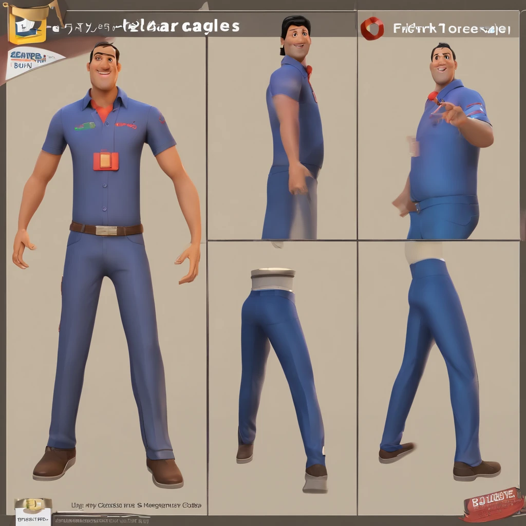 Criar um personagem no estilo Pixar. Trata-se de um homem de 38 anos, sorridente Moreno, com cabelos pretos curtos, e olhos castanhos claro. He's wearing a shiny silver cord, Trabalhar como designer