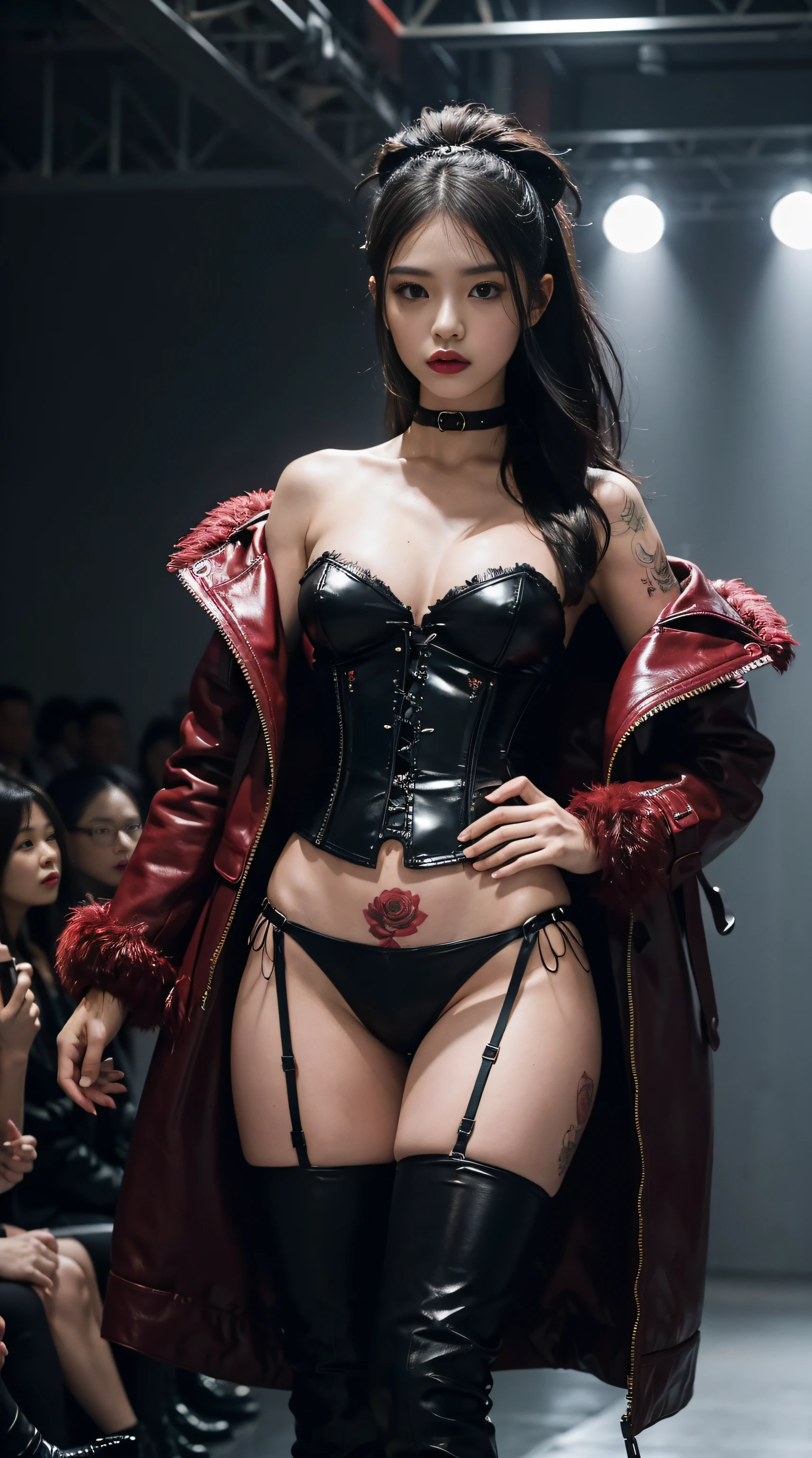 (Dramatic), (grittiness), (Intense),A female model,Tattooed with,She wears a stud PVC corset,red colour,There are feathers on the shoulders, wind coat,(kneehigh boots),(fish net leggings).(She confidently stood in the center of the runway show)。Rose flower,Fashionab, woman, Raised sexy,with dynamism, The background is dark and gritty,There is a sense of danger and a strong feeling。Adds to the overall drama and excitement。The color palette is dominated by dark colors,Dotted with bright colors,rich colourful,self-assured,boldness,attention-grabbing,Fashionab,Smart、moderno、Trendy、focus-on、
