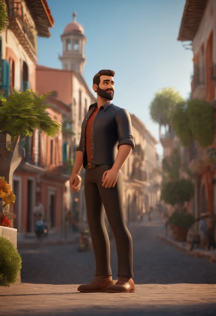 personagem dos desenhos animados de um homem com barba, A Black Shirt Animation Character, sentado na escadaria de selaron, Rio de Janeiro, Brasil. Caractere estilizado, animation style rendering, 3D estilizado, Arnold Maya render, 3 d render stylized, toon render keyshot, Personagem 3D, Personagem 3D, 3d rendering stylized, 3 d character render, personagem de desenho animado, Personagem de close up, Pose de personagem, (Estilo Pixar) (master part:1.2) (Bokeh) (best quality) (pele detalhada) (textura detalhada) (8k) (argila) (Cinematic lighting) (foco nítido