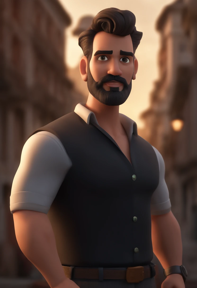 personagem dos desenhos animados de um homem com barba, A Black Shirt Animation Character, sentado na escadaria de selaron, Rio de Janeiro, Brasil. Caractere estilizado, animation style rendering, 3D estilizado, Arnold Maya render, 3 d render stylized, toon render keyshot, Personagem 3D, Personagem 3D, 3d rendering stylized, 3 d character render, personagem de desenho animado, Personagem de close up, Pose de personagem, (Estilo Pixar) (master part:1.2) (Bokeh) (best quality) (pele detalhada) (textura detalhada) (8k) (argila) (Cinematic lighting) (foco nítido