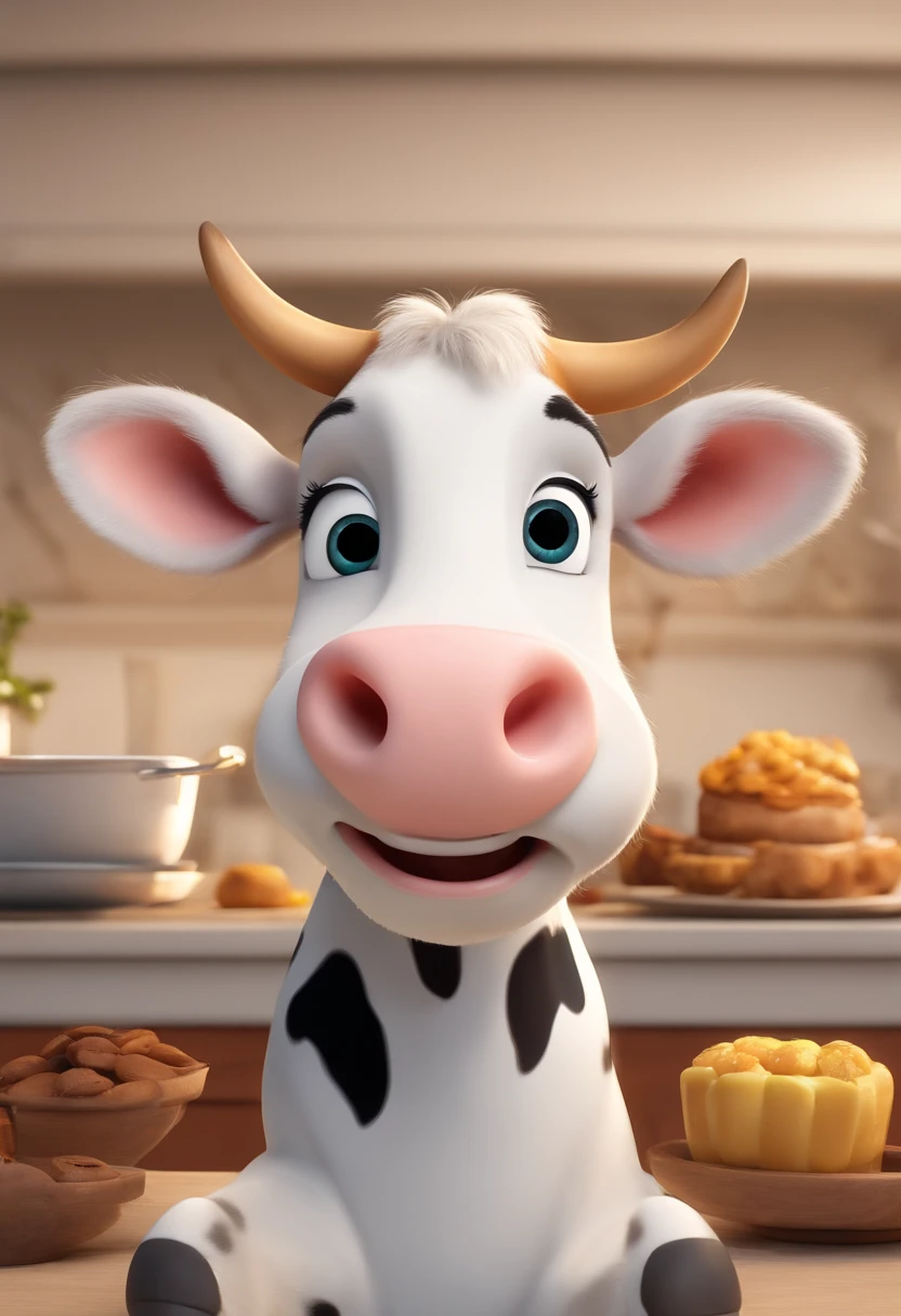 cow cute, vestindo uma fantasia de cozinheiro, fundo branco, barnet, tom, Estilo Pixar, ..3d, desenhos animados, rosto detalhado, asymmetrical 16k