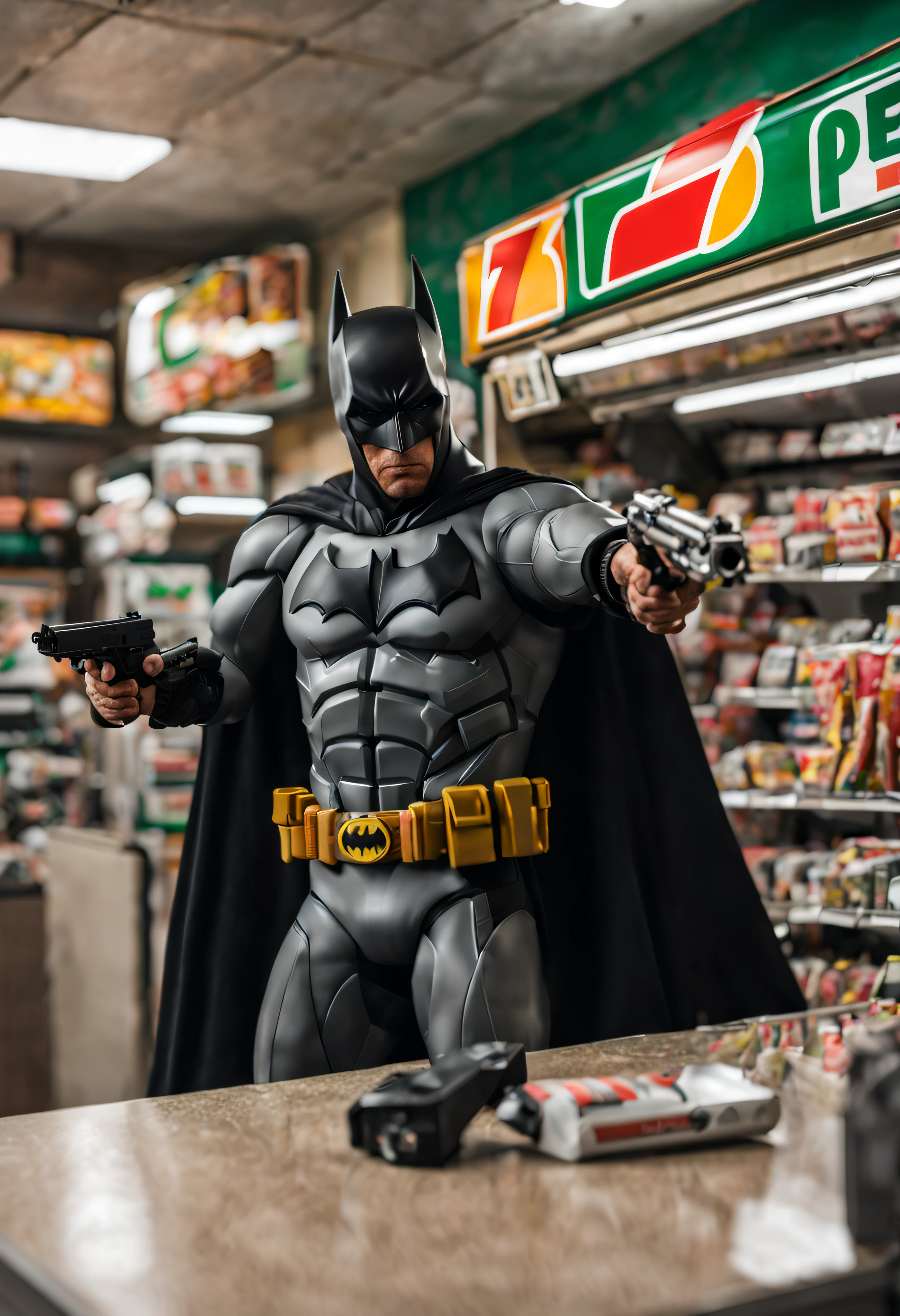 gunatyou, PEBatman, batman, robbing a 7eleven counter, masterpiece, high resolution, octance 4k, high detail, pistol