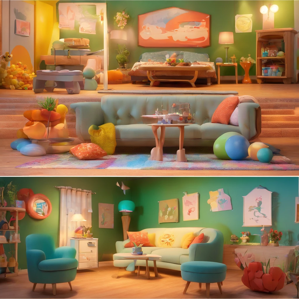 Create Disney Pixar-inspired poster scenery, a 50's party house, com a logo da casa de festa no topo