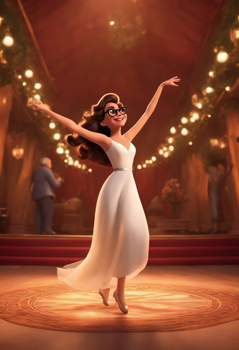 "(best quality,ultra-detalhado,Realistic:1.37),3D rendering,illustration,design de personagens,cabelos curtos e cacheados escuros,belos olhos detalhados,wearing white glasses,Estilo Pixar,morena mulher,Dancing on the Disney stage,atmosfera animada,vivid colors,luzes de palco,expression joyful"