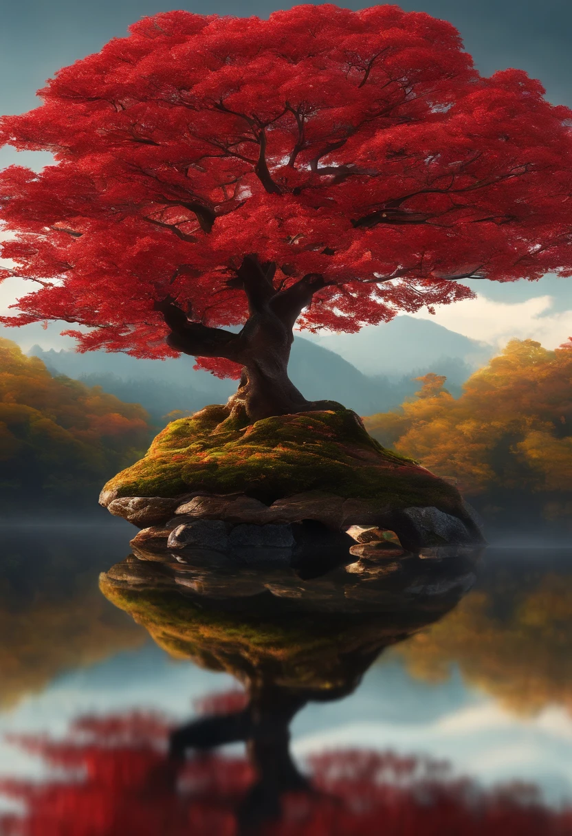 A red leaf tree，It says bonsai syrup, Bonsai, Made from bonsai, inspired by Yoshida Hanbei,Inspired by Oscar Dominguez, concept art 2022,