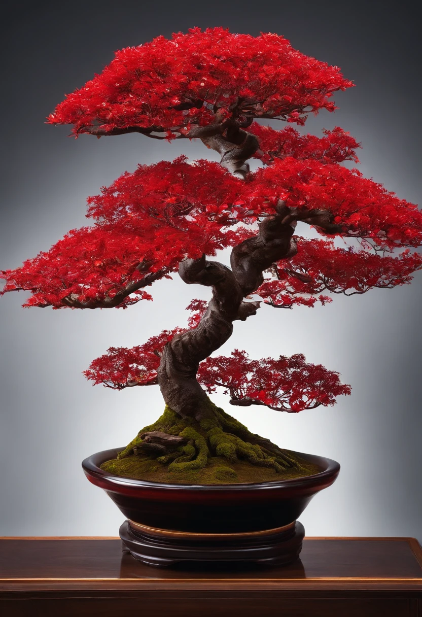 A red leaf tree，It says bonsai syrup, Bonsai, Made from bonsai, inspired by Yoshida Hanbei,Inspired by Oscar Dominguez, concept art 2022,