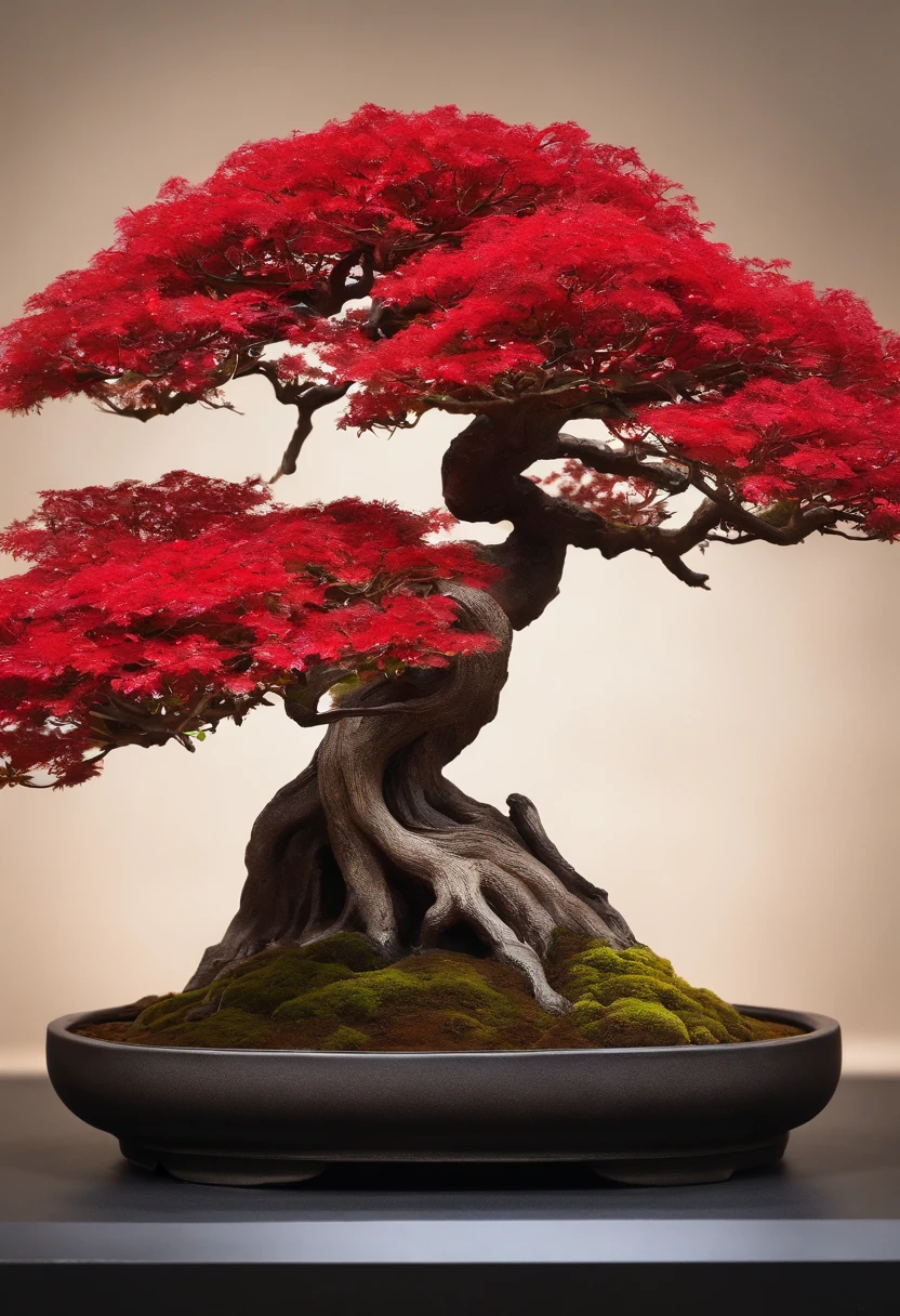 A red leaf tree，It says bonsai syrup, Bonsai, Made from bonsai, inspired by Yoshida Hanbei,Inspired by Oscar Dominguez, concept art 2022,