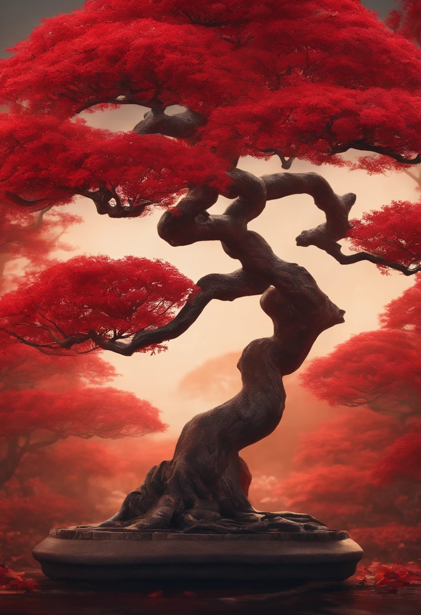 A red leaf tree，It says bonsai syrup, Bonsai, Made from bonsai, inspired by Yoshida Hanbei,Inspired by Oscar Dominguez, concept art 2022,