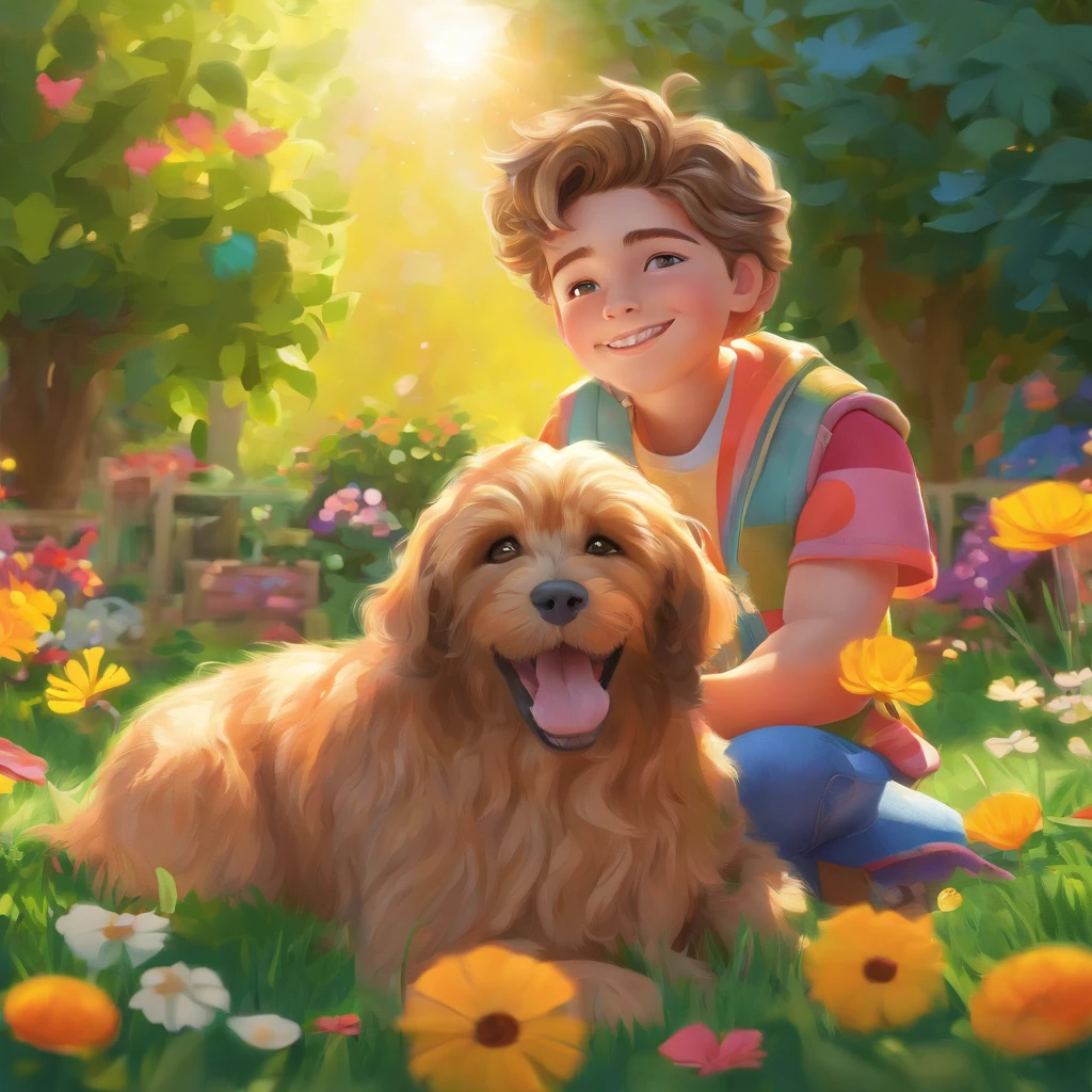 (best quality,4k,8k,Altas,master part:1.2),ultra-detalhado,(Realistic,fotorrealista,photo-realistic:1.37),Um menino humano sorridente de 5 anos, Lucas, e seu fiel amigo, parafuso, The Schnauzer Dog, deitado no jardim,Insert Illustration,medium:oil painting,belos olhos detalhados,beautiful detailed lips,olhos e rosto extremamente detalhados,long eyelashes,Parafuso com olhos expressivos,Aproveitando a luz do sol quente,Grass swaying in the gentle breeze, folhagem verde vibrante ao seu redor, flores brilhantes florescendo,natural lighting,peaceful atmosphere,vivid colors,Tons de cores quentes e convidativos.