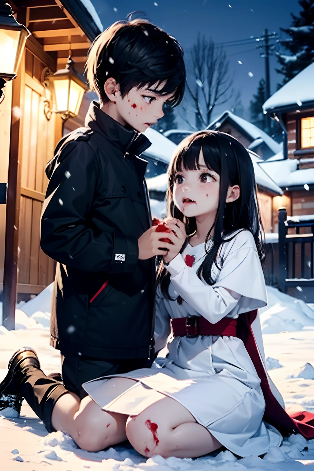 A young girl, in a thin white dress standing over a young boy who’s sitting down, kneeling on the ground in the snow, with winter clothes on. It's night time and the ground is covered with snow and it's snowing. The young girl is reaching one of her hands down to him and in that hand is a human heart dripping blood. She also has blood dripping from the corner of her mouth. The young boy looks up at her with wonder.