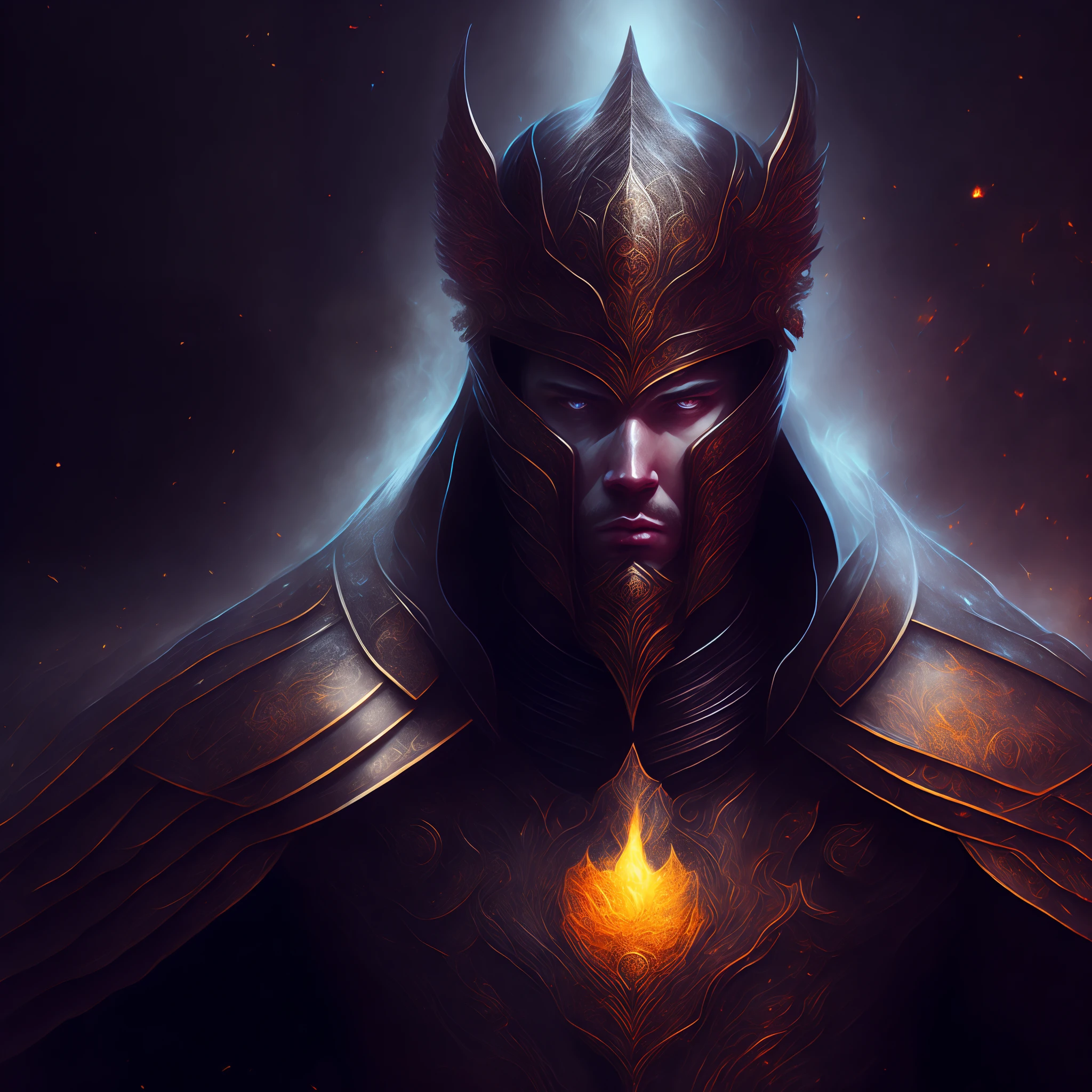 (masterful artwork, high-quality illustration) A confident and powerful (human lord) is hidden by shadows, adorned in elaborately decorated and dark armor, emanating a menacing aura.